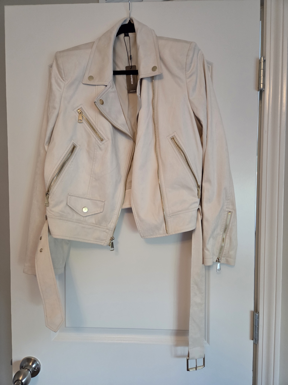 Express Women's Cream Moto Jacket with Belt